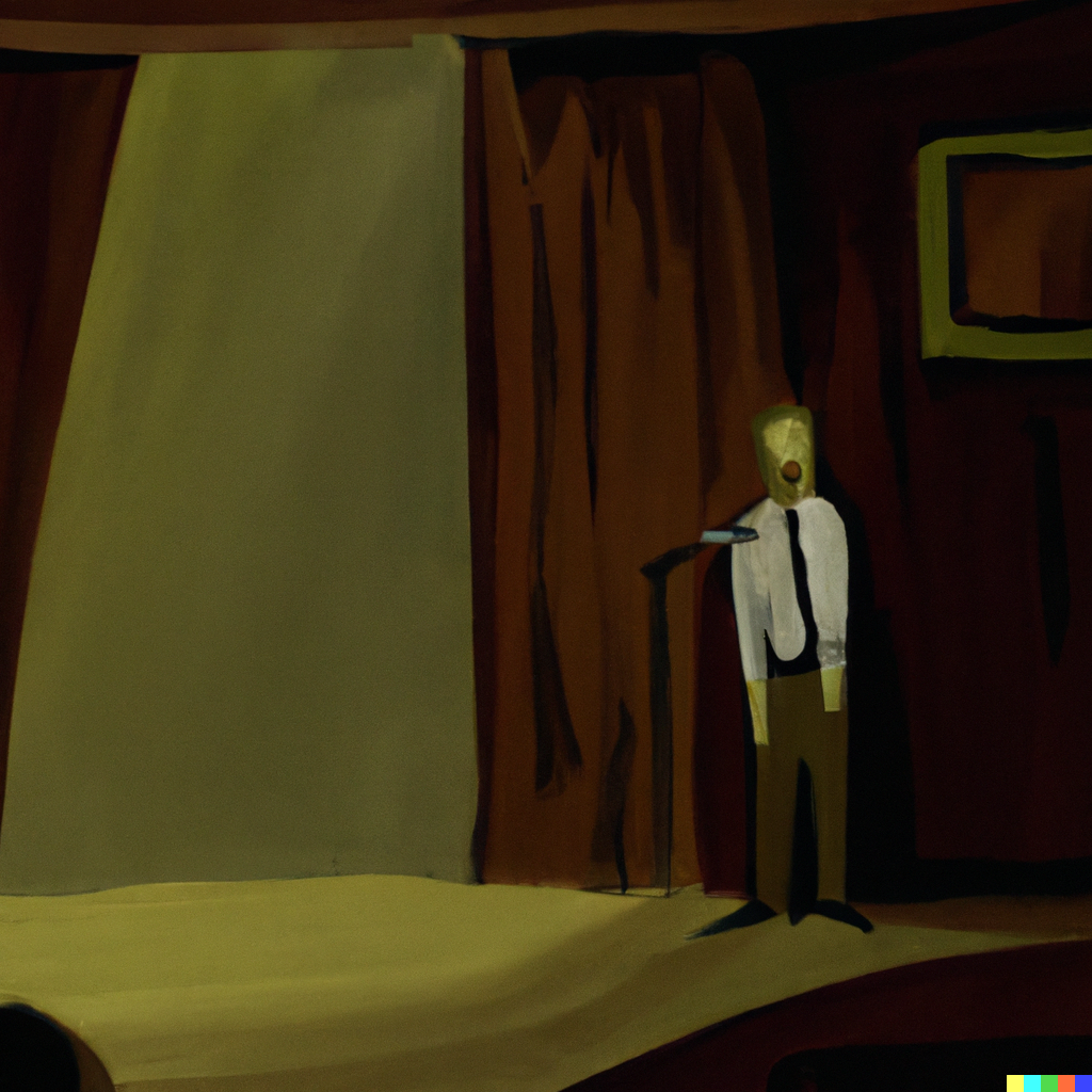 Dall•E-generated image of stand up comedian in the style Edward Hopper